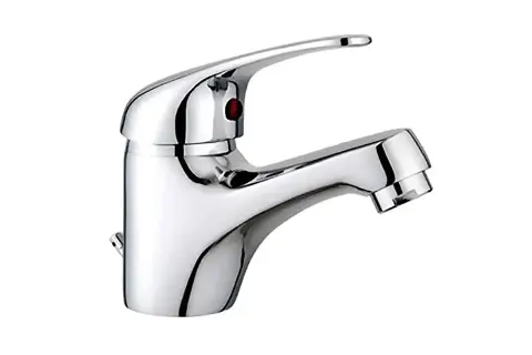 Chrome single-handle bathroom faucet with curved lever
