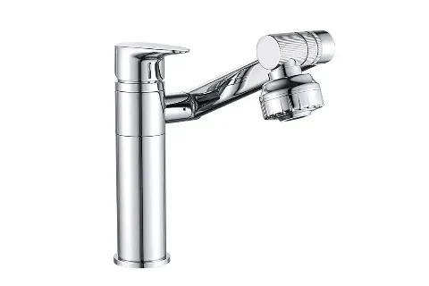 Chrome kitchen faucet with rotating dual-function spray head